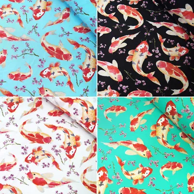 100% Cotton Poplin Fabric Rose & Hubble Aquatic Pond Life Japanese Koi Carp Fish • £5.15