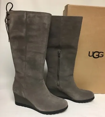 UGG Australia Dawna Grey Waterproof Suede Lace Bow Wedge Knee High Boot 1017429 • $45