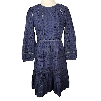 J Crew Dress Womens 6 Tall Eyelet Lace Sheer Navy Blue Cottagecore Flutter Hem • $68