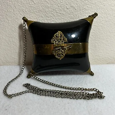 VINTAGE Pillow Purse Evening Bag Black Lacquer Brass Black Velvet Lining 2272 • $39.99