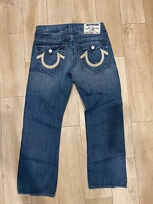 True Religion Straight Blue Jeans Men Size 32x27 Made In USA Flap Pocket • $40