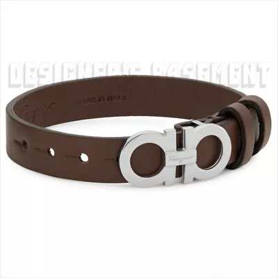 SALVATORE FERRAGAMO Brown Leather Palladium GANCINI Buckle Bracelet NIB Authentc • $425.84