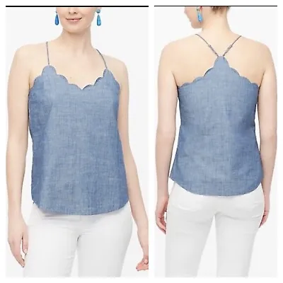 NWT J. Crew SZ 12 Denim Blue Chambray Cotton Scalloped Cami Top Tank Shirt Blous • $29.95