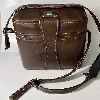 Vintage SLR Camera Bag Case Tote Bag With Strap￼ Brown Faux ￼Leather 10x6x9 • $19.55