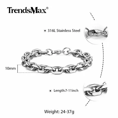 10mm Oval Round Cable Link Bracelet Mens Silver Tone Stainless Steel Chain Gift • $8.99