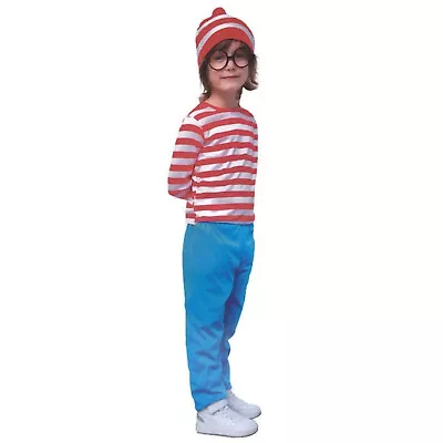 Kids Wheres Wally COSTUME FULL SET Party Hat Shirt Top Pants Boys Book Week • $35.64