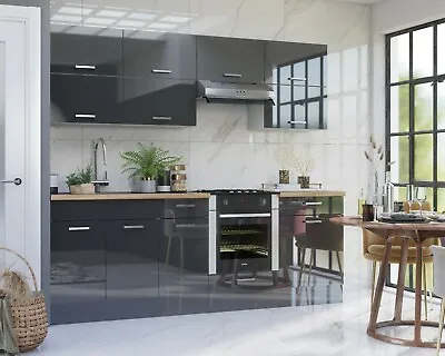 £989.95 • Buy Grey High Gloss Kitchen 11 Units Cabinets Set Acrylic Legs Soft Close 240cm LUXE