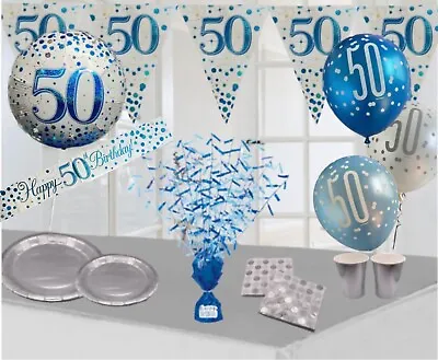 Sparkling Blue White 50th Birthday Balloons Banners Bunting Party Decorations • £2.65