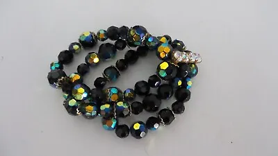 Vintage Faceted Iridescent Peacock Glass & Rhinestone 3 Row Stretch Bracelet • $49.99