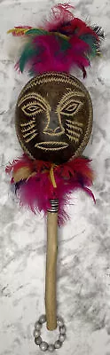 Hand Carved Face Gourd Rattle Maraca With Feathers & Wooden Handle With Beads • $18