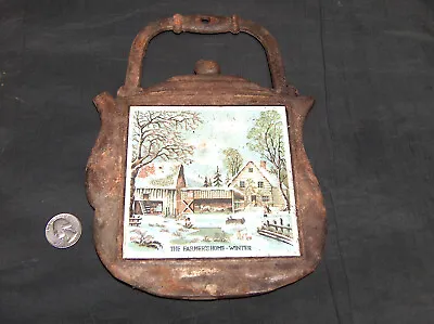 Kitchen Wall Art Trivet Hot Plate Metal Tile Rustic Tea Pot Farmers Winter Home • £25.35