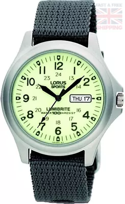 RJ655AX9 Lorus Gents Analogue Lumibrite Day-Date Grey Nylon Strap Watch • £52.37