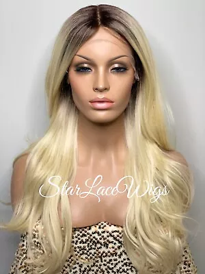 Long Blonde Wig Lace Front Straight Dark Roots Blonde Wig Heat Safe Women • $61.41