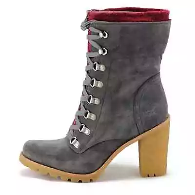 UGG AUSTRALIA Fabrice Gray Suede Lace Up Leather Lug High Heel Boot 8 Women’s  • $98