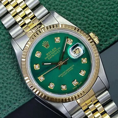Rolex Mens Datejust 18k Gold & Steel Green Diamond Dial Fluted Bezel Watch 16013 • $6399