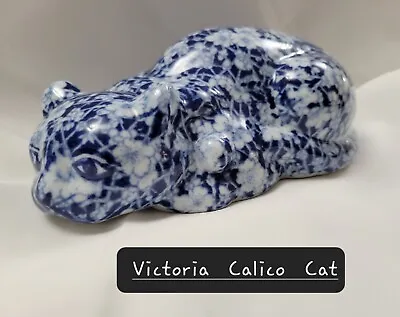 Vintage Victoria Ironstone Laying Down Cat Figure Blue /White Floral Calico Gift • $26.95