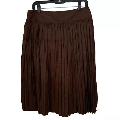 CHARLES NOLAN Womens Size 8 Dark Brown 100% Silk Pleated Side Zip Skirt • $39.95