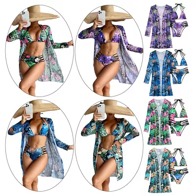 Women Sexy 3 Pieces Swimsuit Floral Bikini Set With Cover Up Swimwear Beachwear • £21.59