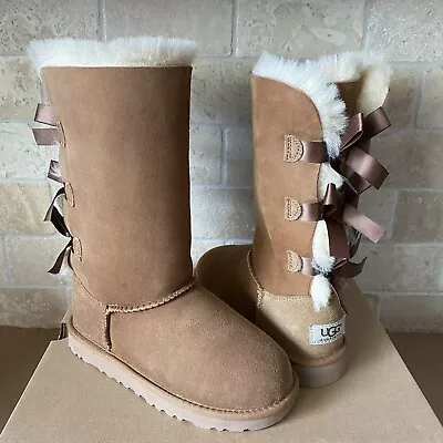 UGG Bailey Bow Triple II Chestnut Suede Tall Boot Youth Kid Size 3 = Women 5 • $93.49