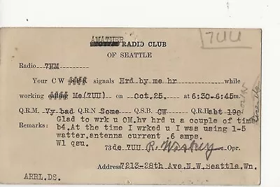 1922  7UU  Seattle  Washington QSL Radio Card • $6