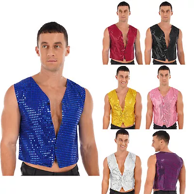 Men's Sparkly Sequins Vest Crop Top Hip Hop Jazz Modern Dance Jacket Waistcoat  • $9.89