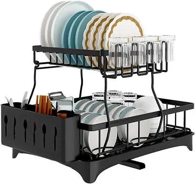 2-Tier Drying Dish Rack And Drain Board Set Utensil Holder Metal Kitchen Counter • $27.99