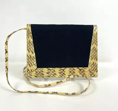 Vintage ANDREA PFISTER Snakeskin Black Linen Flap Clutch Crossbody Handbag • $19.99