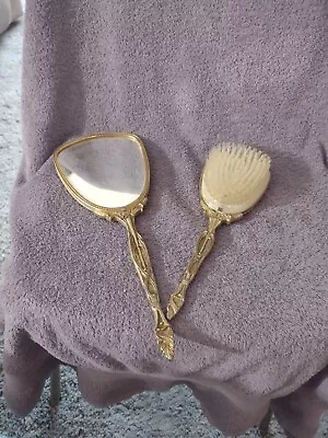 Vintage Mirror And Brush Set Vanity Set Gold Tone Floral Design Metal Hand Held • $15.99