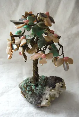 Antique Jade Rose Quartz Abalone Shell Twisted Brass Bonsai Tree On Copper Base • $325