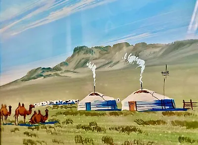 Original Mongolian School Watercolor Of Yurts A Horse And Camels • $125