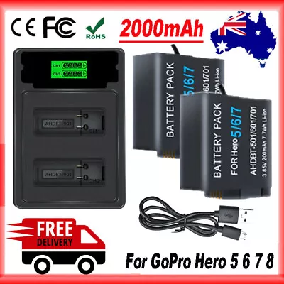 2x 2000mAh Rechargeable Li-Ion Battery + USB Charger For Gopro Hero 5/6/7/8 AU • $47.99