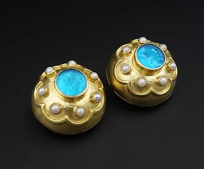 Elizabeth Locke Blue Cherub Intaglio Pearl Button Earrings 18k EG2361 • $2595.44