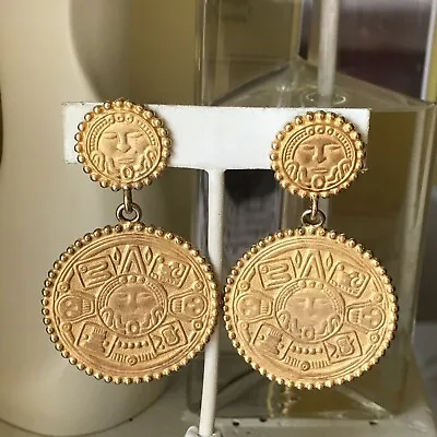 Vintage Inca Maya Sun Calendar Gold Tone Coin Drop Clip Earrings  • $44