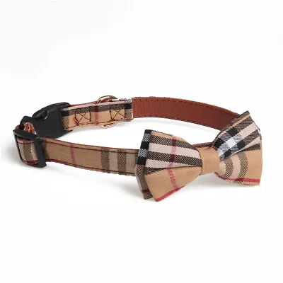 Pet Puppy Cat Collars Adjustable Leather Dog Collar Tartan Plaid Bow Tie Check • £4.39