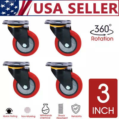 4 Pack 3  Caster Wheels Swivel Plate Polyurethane Wheels Heavy Duty Wheels Red • $28.49