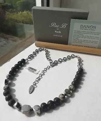 Ladies New+Box DANON Black Lavastone/Leopard Agate Bead Adjustable Necklace • £39