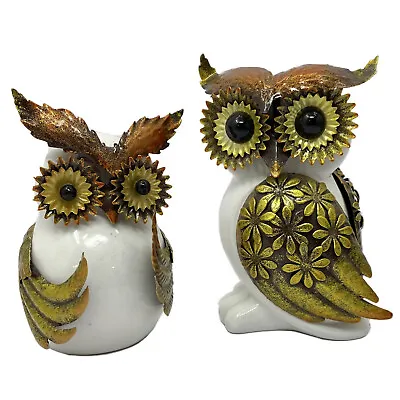 Vintage Pair Of Ceramic Owl Figurines With Pressed Metal Wings Face Detail • $29.27