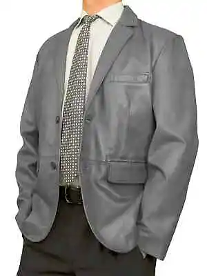 Men's Gray Genuine Lambskin Leather Blazer Mens Gray Leather Blazer Coat NFS-065 • $130.79