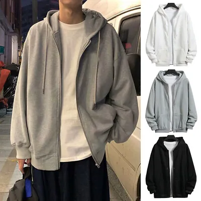 Mens Zip Up Hoodie Jacket Plain Full Zipper Hooded Sweatshirt Athletic Coat Tops • $13.58