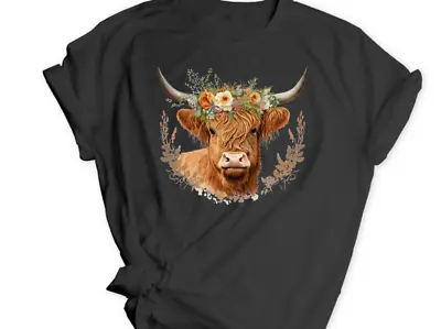 Cute Black Highland Cow Top Ladies Cow T Shirt Watercolour Floral Tee Woman's • £9.99