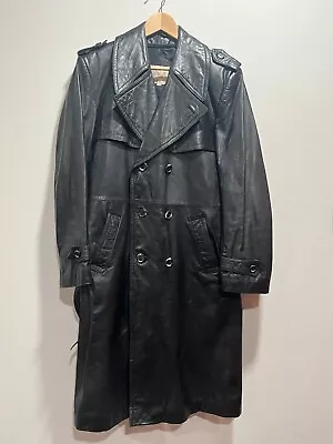 Vintage 80s 90s Y2K Saxony Black Leather Trench Coat Jacket Mens Womens Size 40 • $125