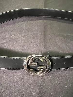 GUCCI BLACK LEATHER BELT WITH LARGE GG SILVER COLORED BUCKLE 105cm 42” AUTHENTIC • $325