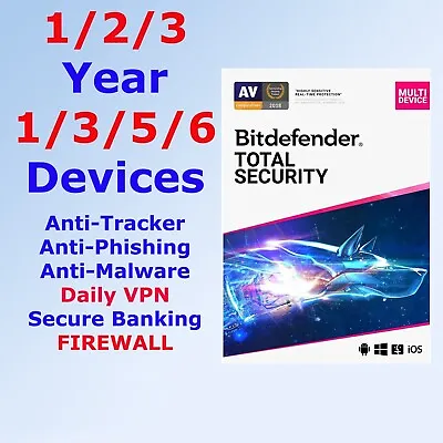 Bitdefender Total Security 2024 - 1-6 Devices 1-2-3 Years + Daily VPN • $69.99