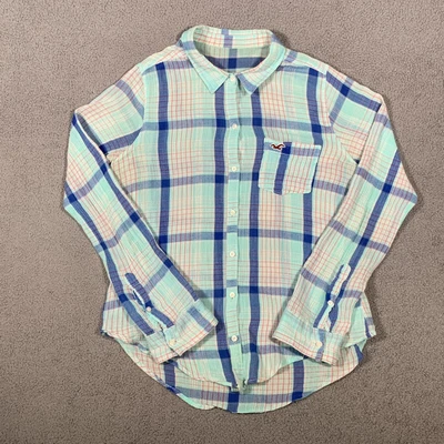 £9.99 • Buy Hollister Flannel Check Button Up Shirt Women’s Medium Long Sleeve Blue Pink