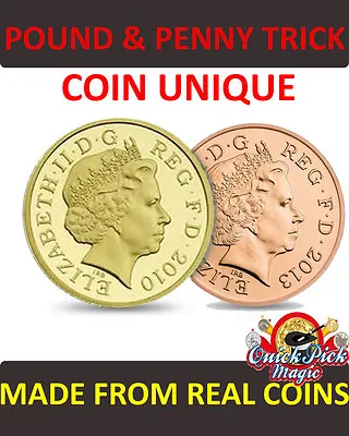 Pound And Penny [ £1/1p Coin Unique ] Vanishing Penny Close Up Magic Coin Trick • £15.99