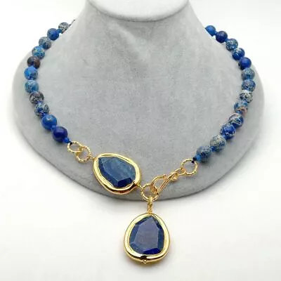 Blue Sea Sediment Jasper Necklace Natural Lapis Pendant 23'' • $24