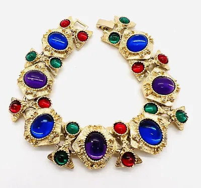 $89.99 • Buy Multi Colored 80’s Glass Cabochon Link Bracelet Gold Tone Vintage Jewelry