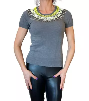 Milly New York Gray Sweater Top Knit Short Sleeve Embellished Sequin Beaded P • $33.99