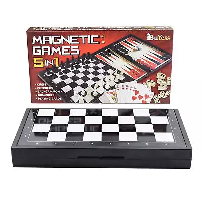 5 In 1 Magnetic Chess Checkers Dominoes Backgammon And Cards Set Mini Travel Si • $17.31