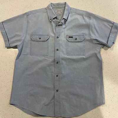 Carhartt Chambray Men's L Denim Vintage Short Sleeve Work Shirt 100% Cotton Blue • $22.99
